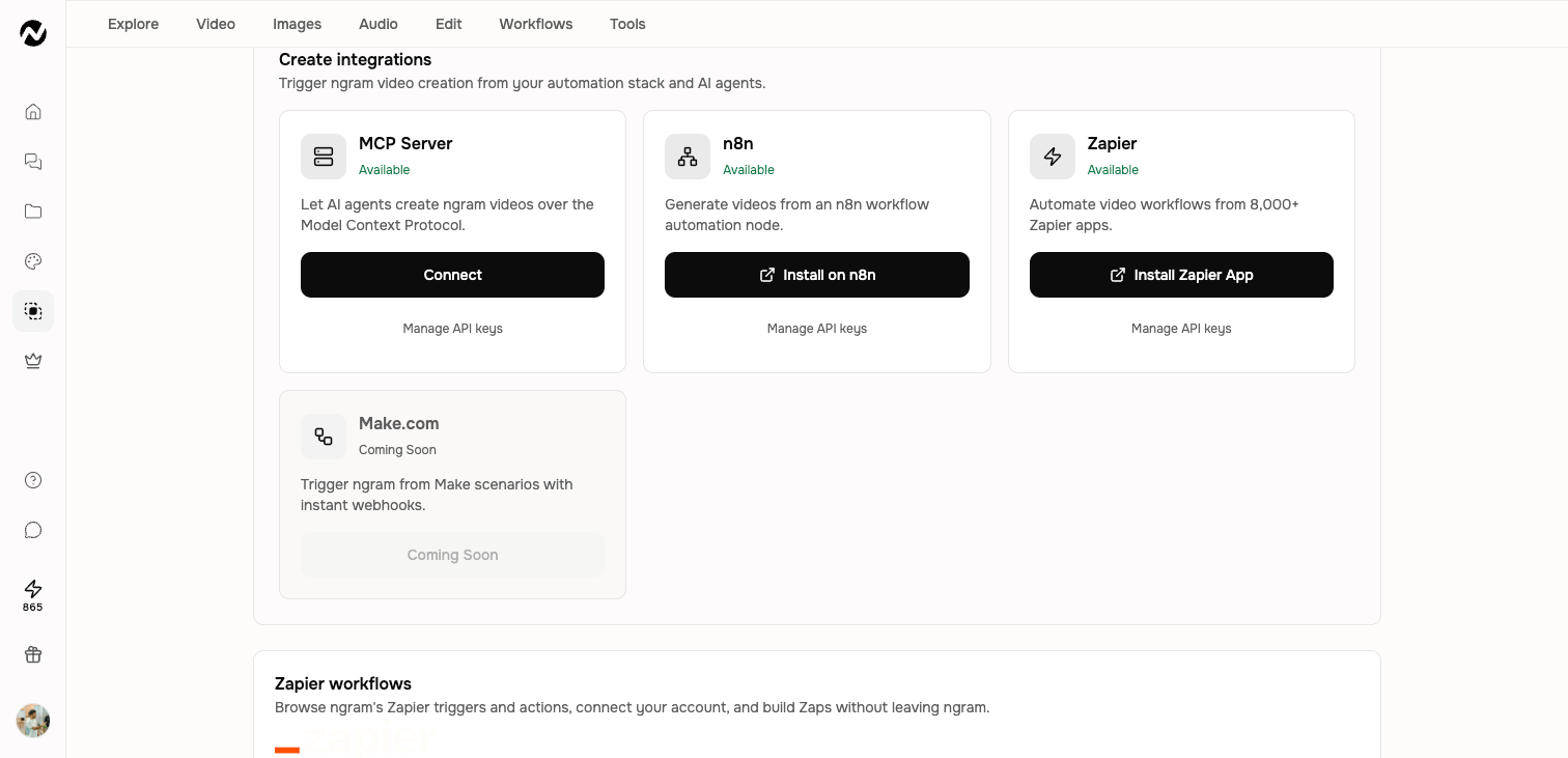 The Create integrations area showing MCP, n8n, Zapier, and Make availability