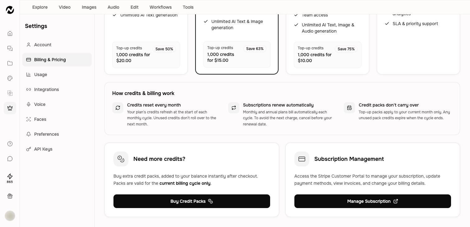 The Billing page explaining credit resets, renewals, and top-up expiration
