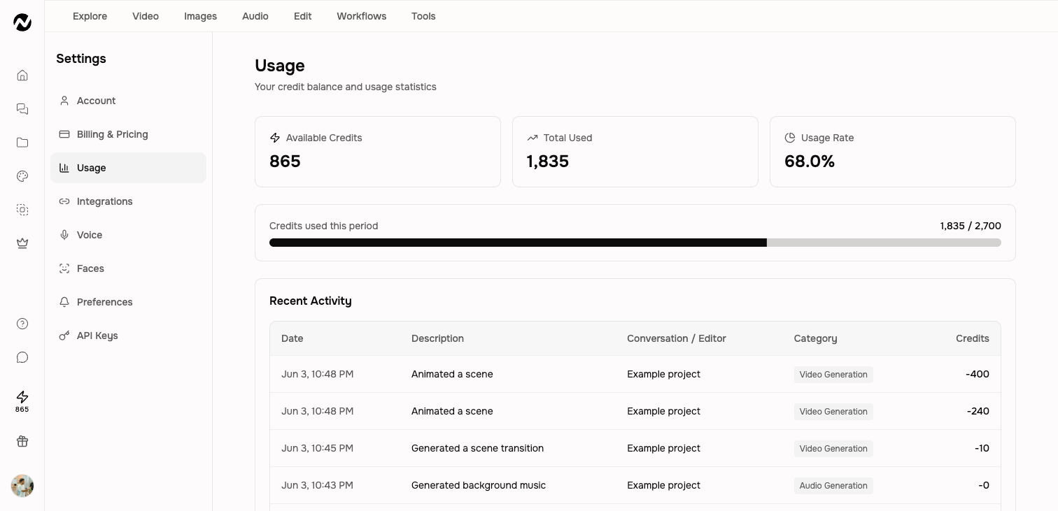 The Usage page with available credits, total used, activity descriptions, categories, and charges