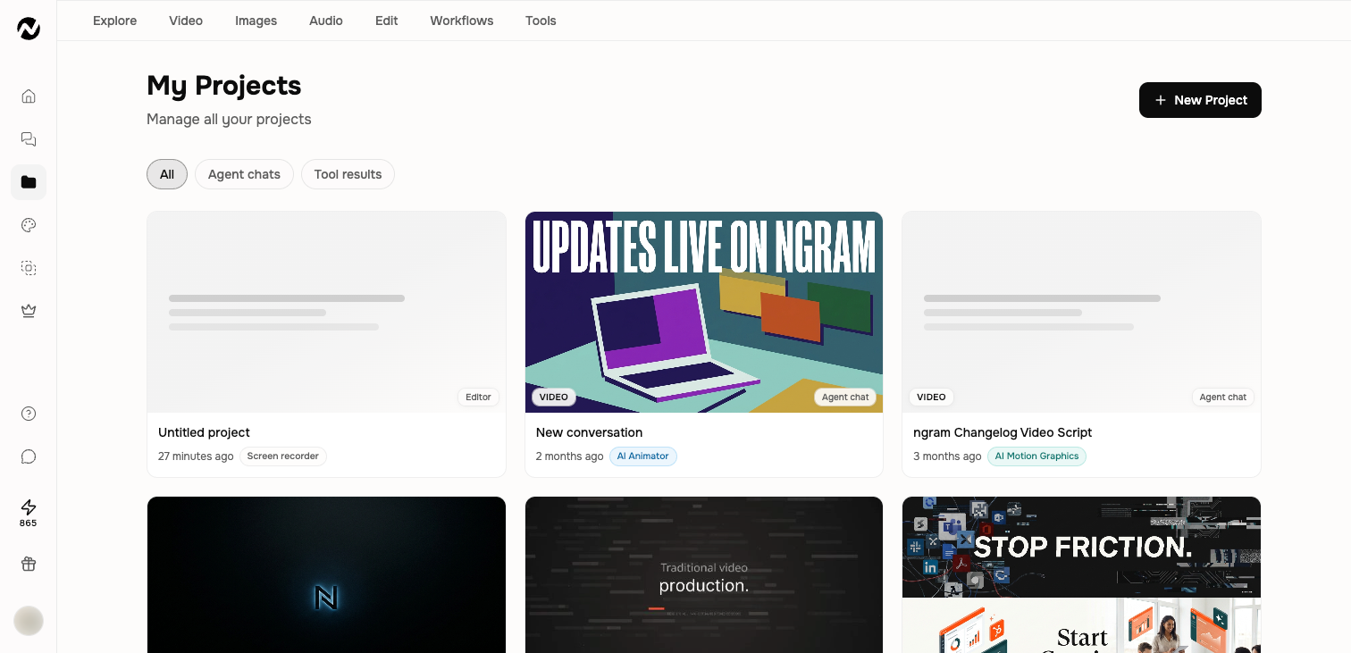 The My Projects page with All, Agent chats, and Tool results filters