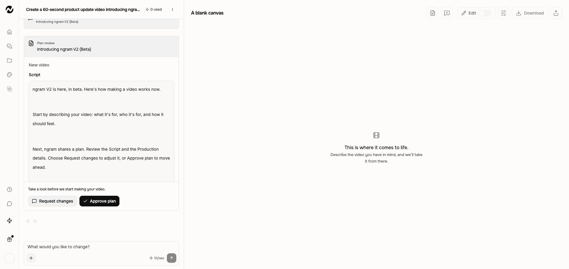 V2 plan review in a normal account, with Script, Request changes, and Approve plan visible.