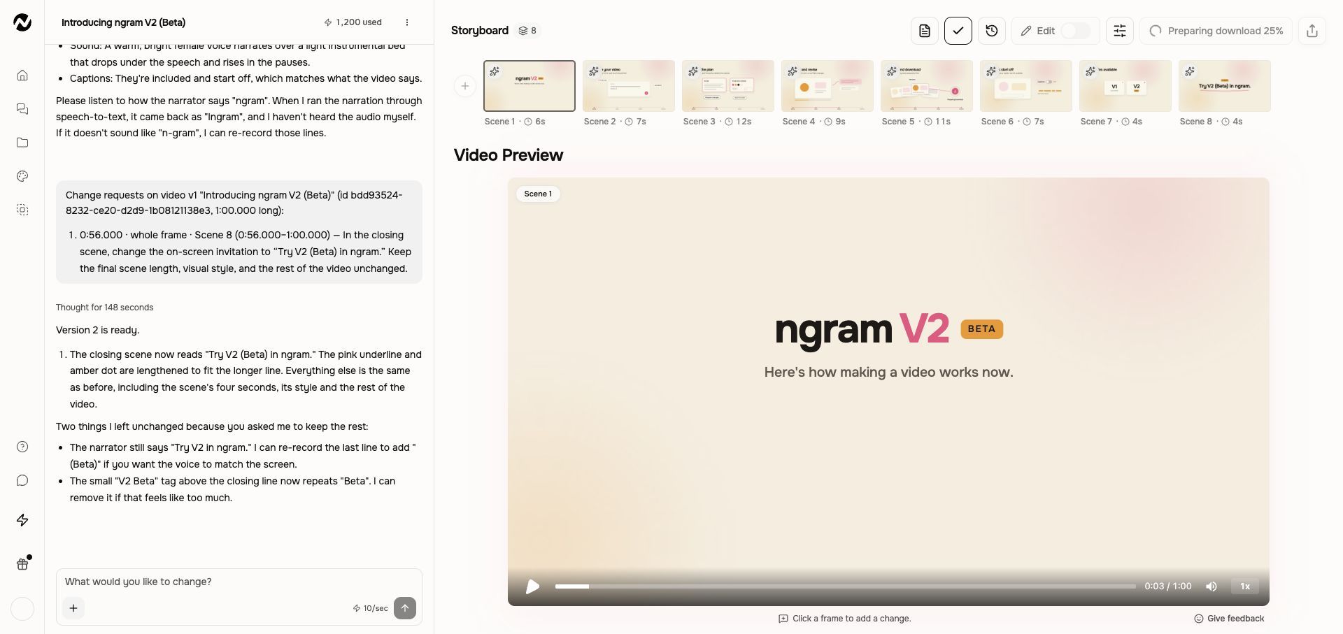 V2 preview remains playable while the final MP4 shows Preparing download.