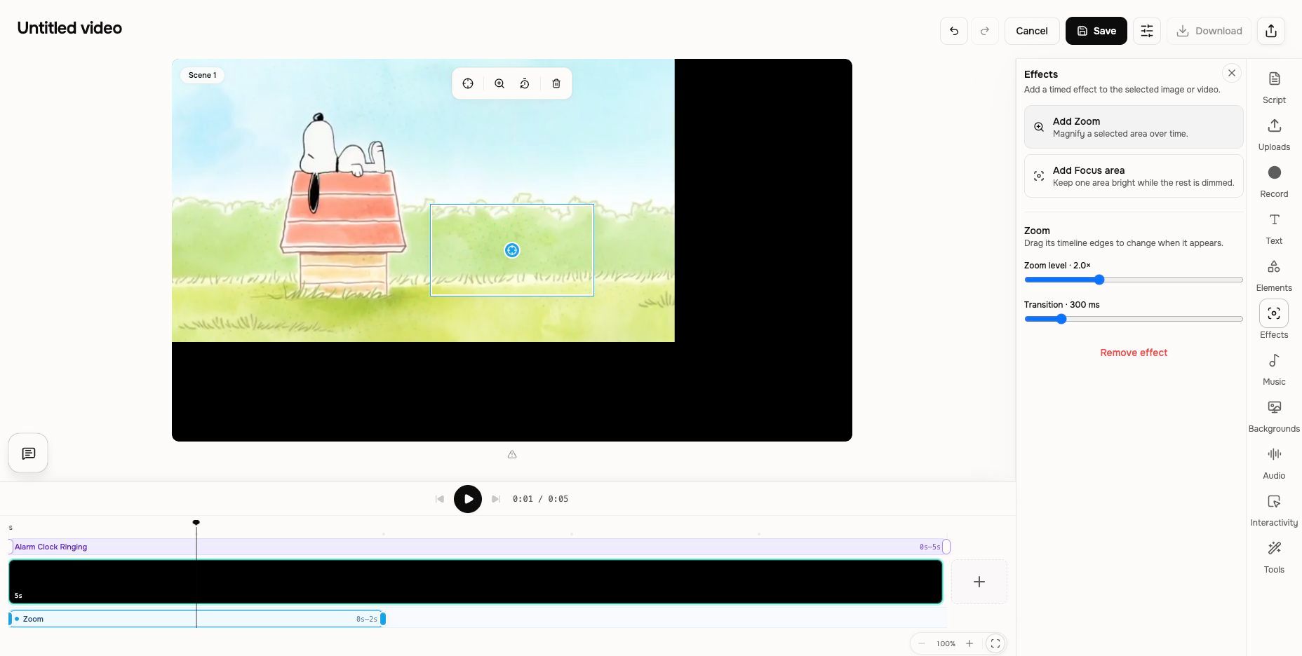 Zoom effect selected with its target, zoom level, transition, and timed effect track visible