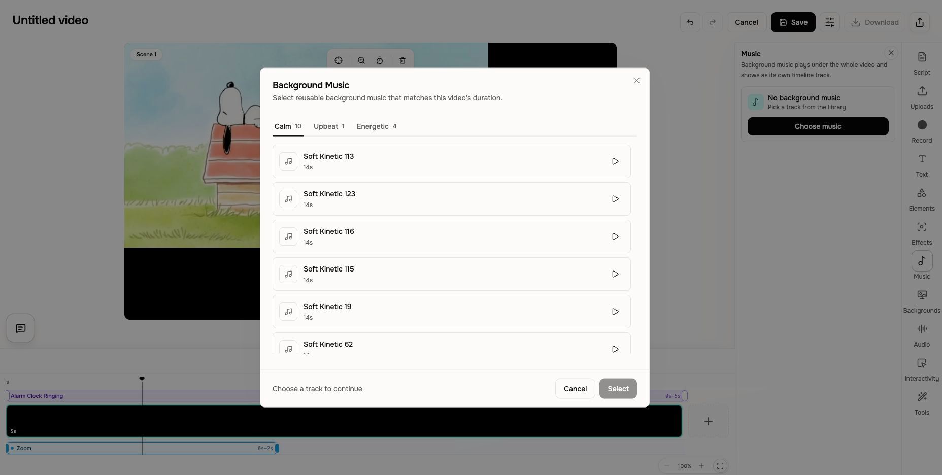 Background Music library with mood tabs, track previews, and Select button