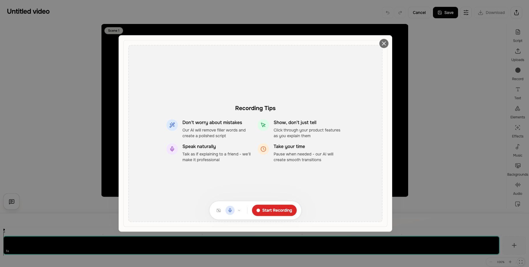 Screen Recorder dialog opened from the Record control in the ngram scene editor