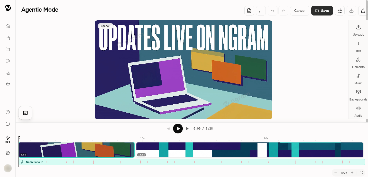 The inline editor timeline with pages, a music track, playhead, and zoom controls