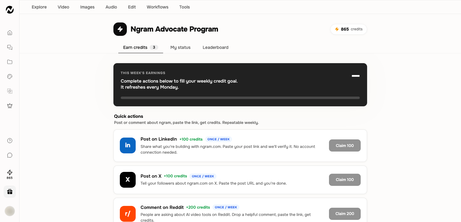 An example Earn credits experience with actions and referral program navigation
