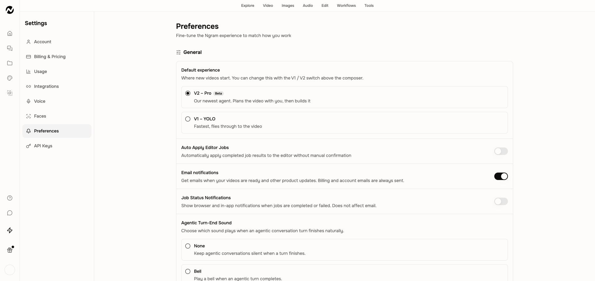 Settings Preferences showing V2 β Pro Beta and V1 β YOLO under Default experience.