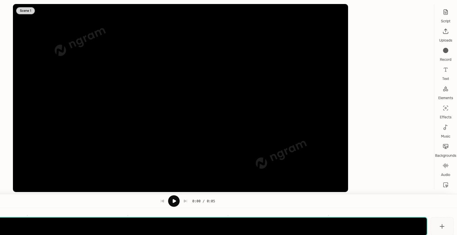 The blank full-video editor canvas with Text and Uploads actions