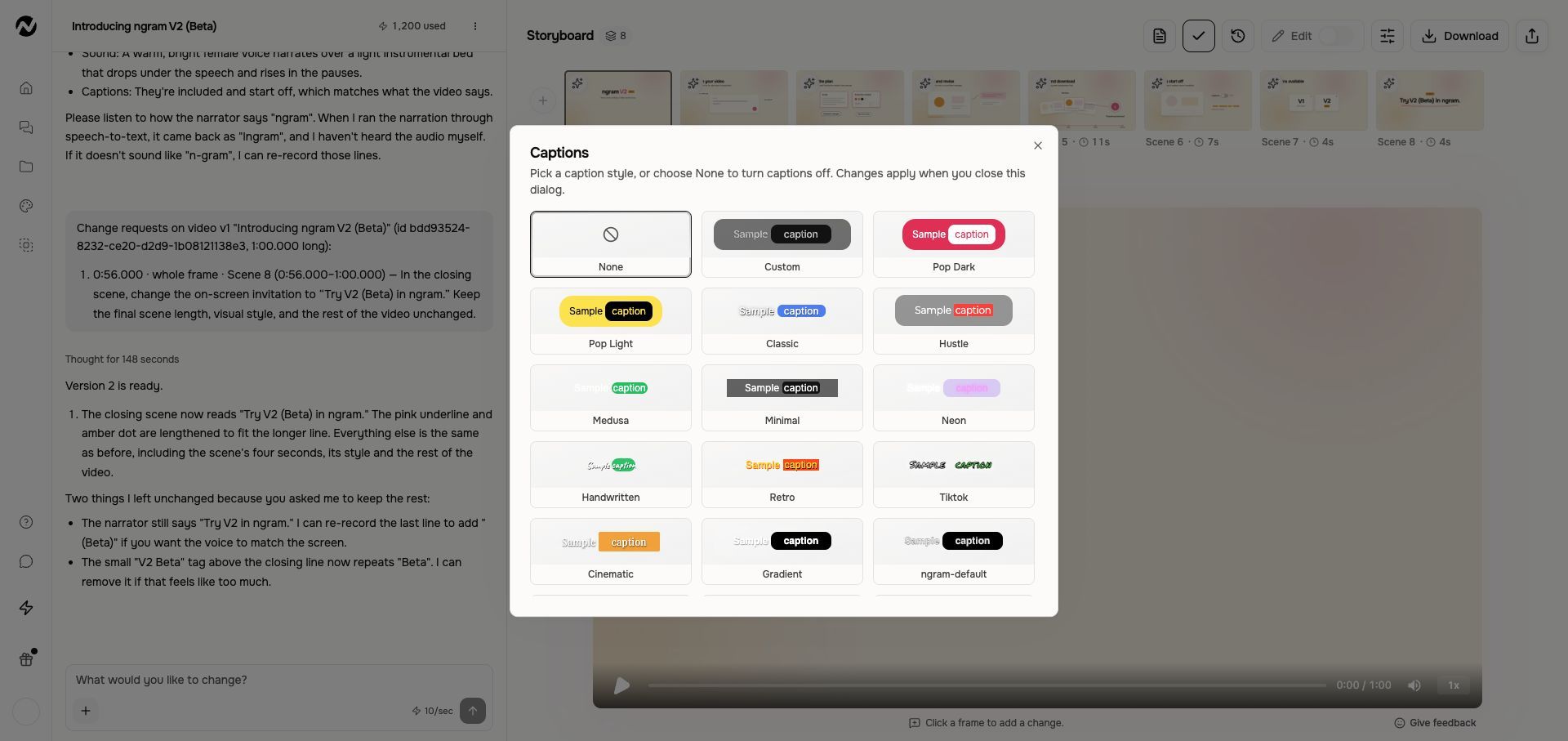 V2 caption styles with None selected; changes apply when the dialog closes.