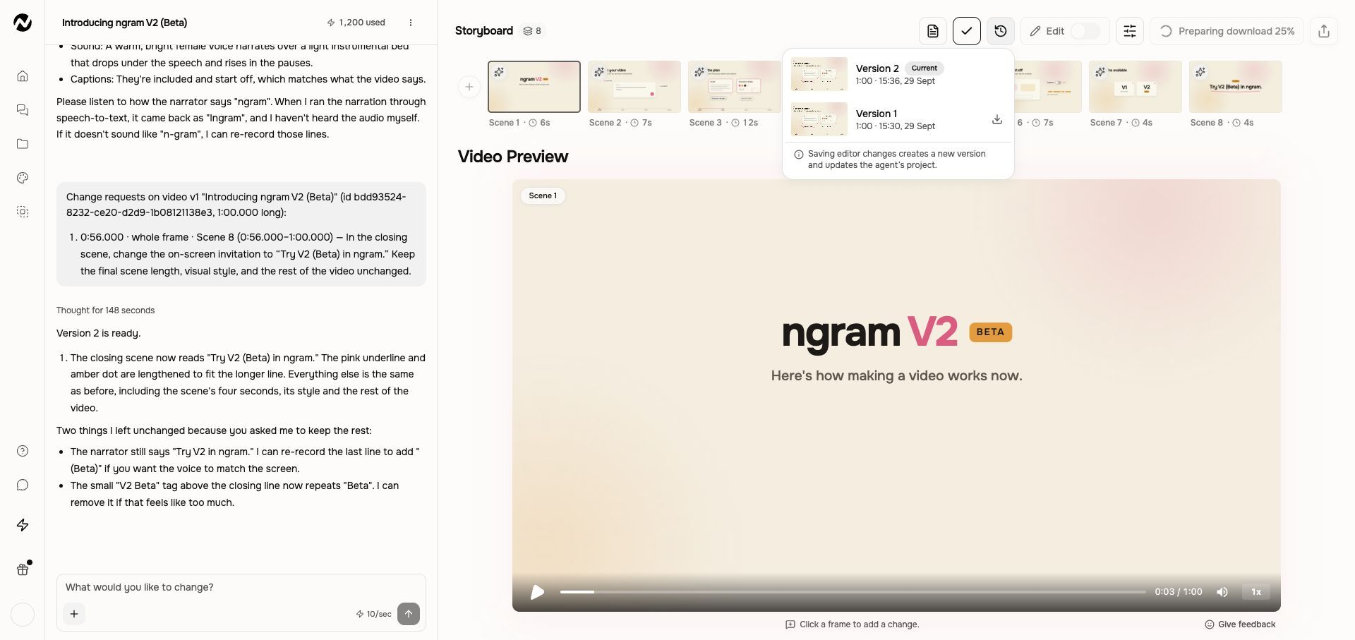 V2 Versions menu with the current version and controls to view or download an earlier output.