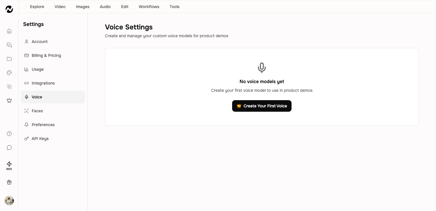 Voice Settings with the option to create a first custom voice