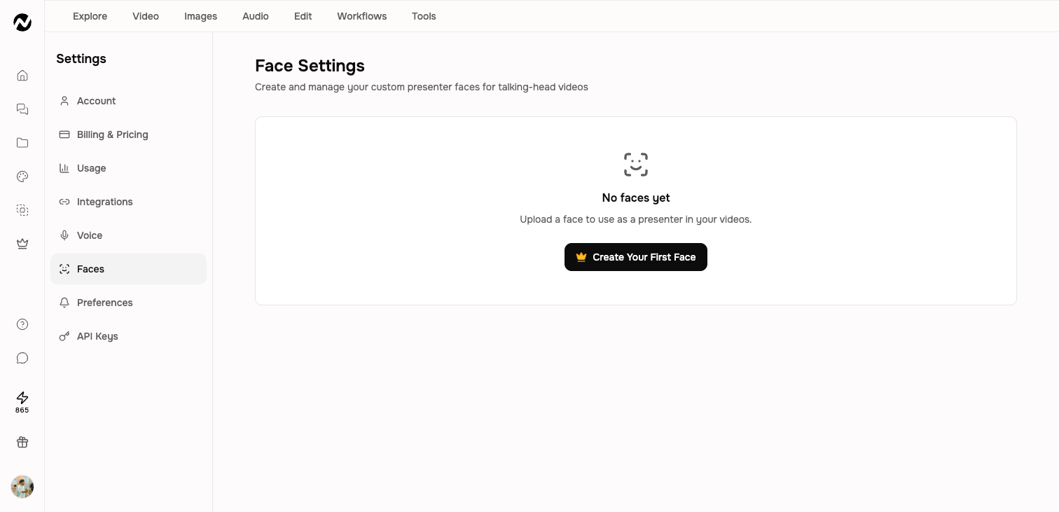 Face Settings with the option to create a first presenter face