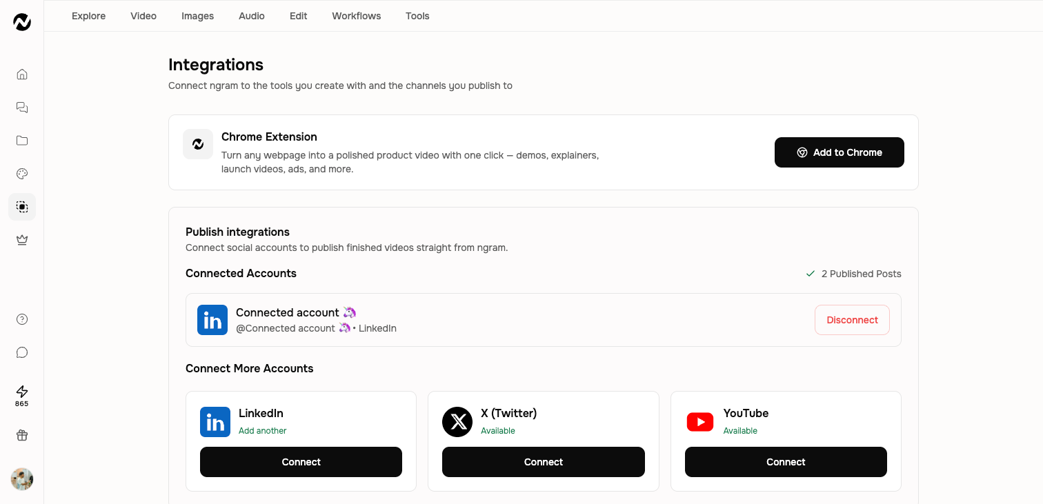 The Integrations page with LinkedIn, X, and YouTube publishing connections