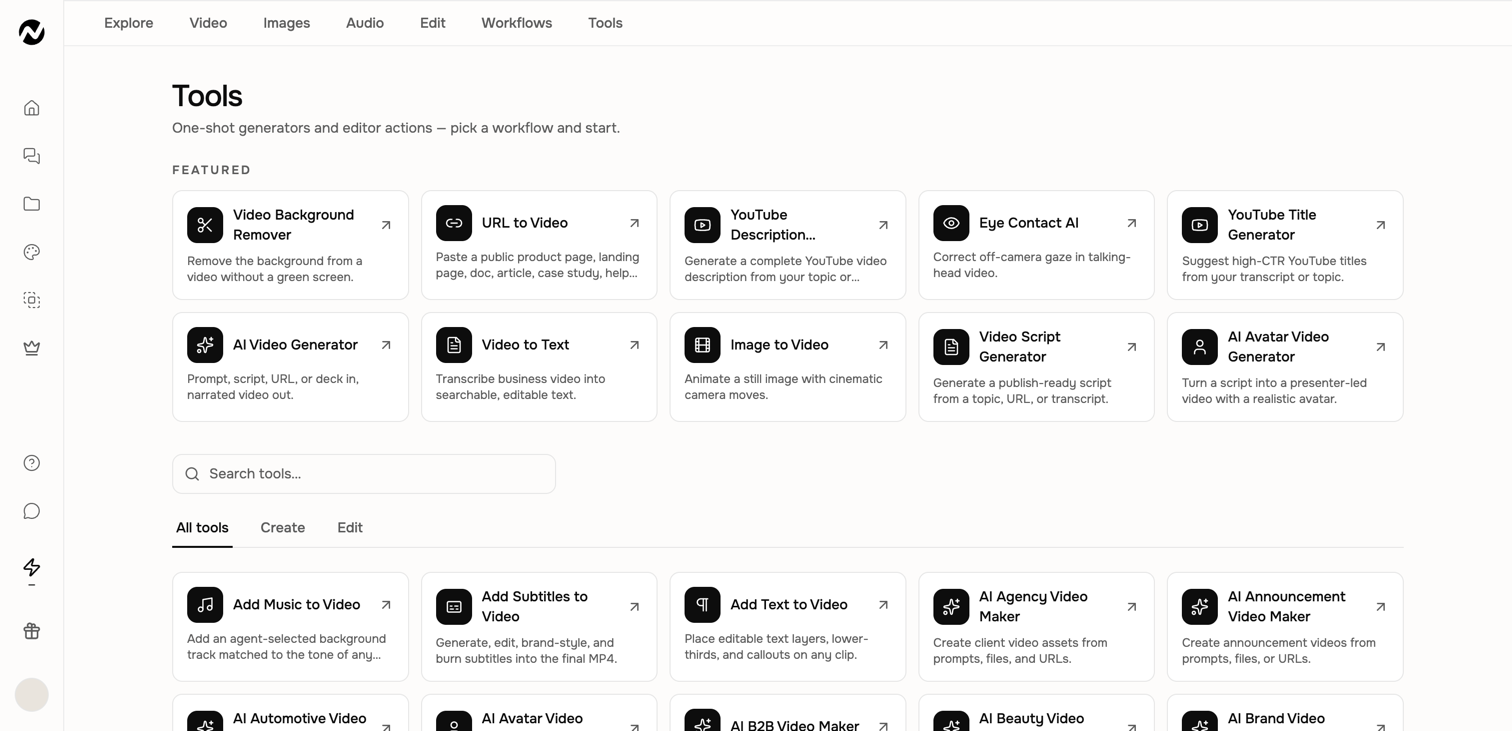The Tools library with featured workflows, search, and Create or Edit filters