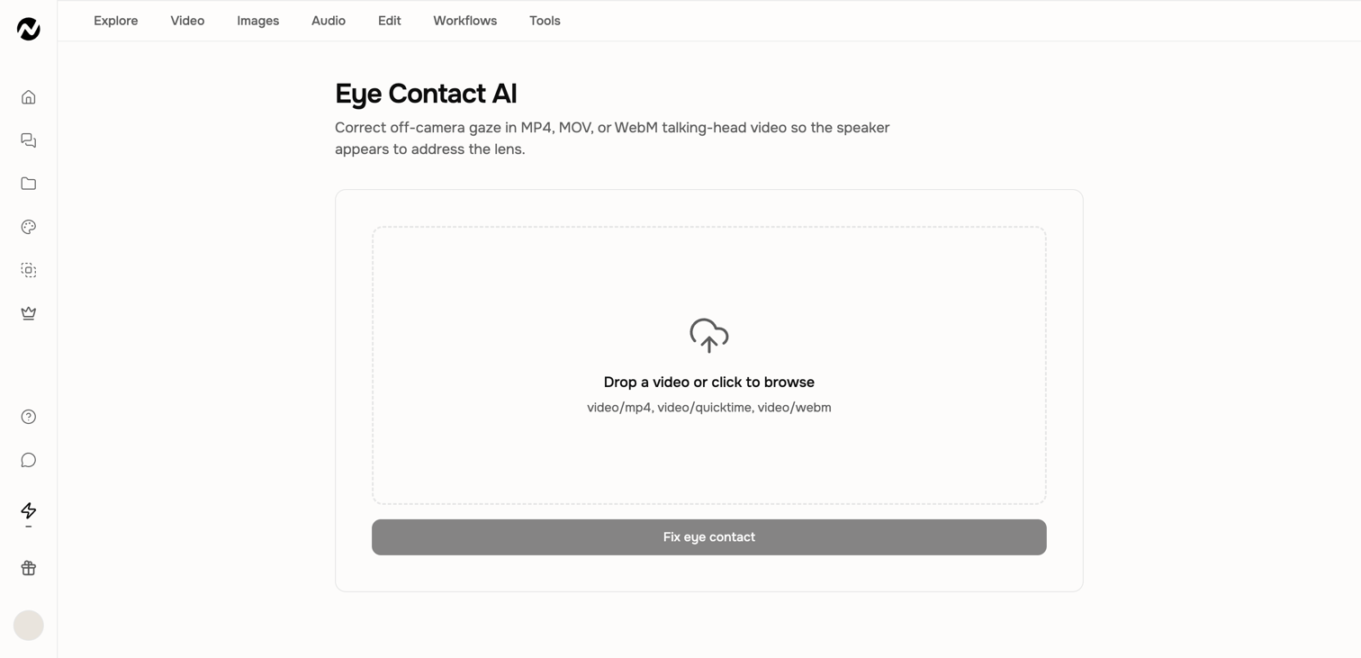 The Eye Contact AI upload workspace with its supported talking-head video formats