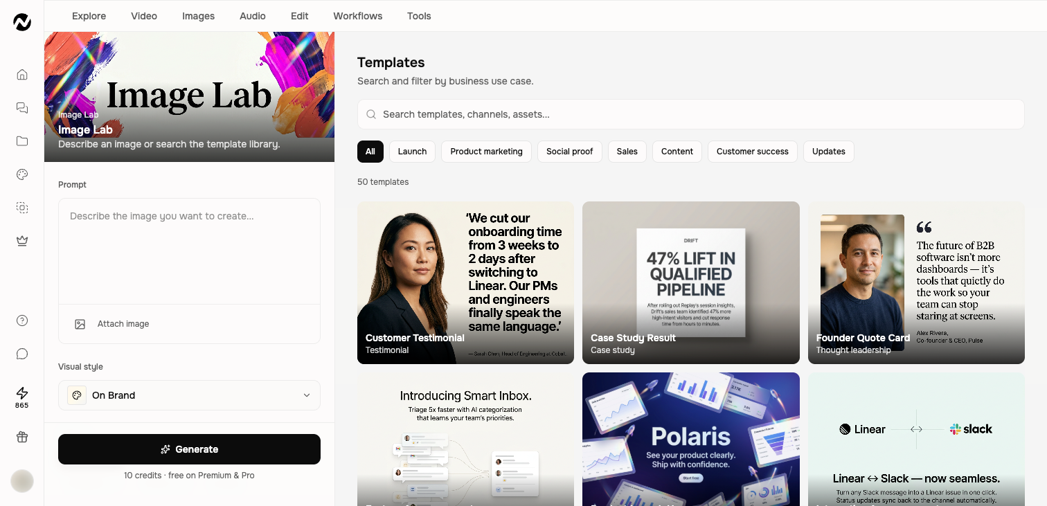 Image Lab with prompt, reference upload, style, platform, model, and template controls