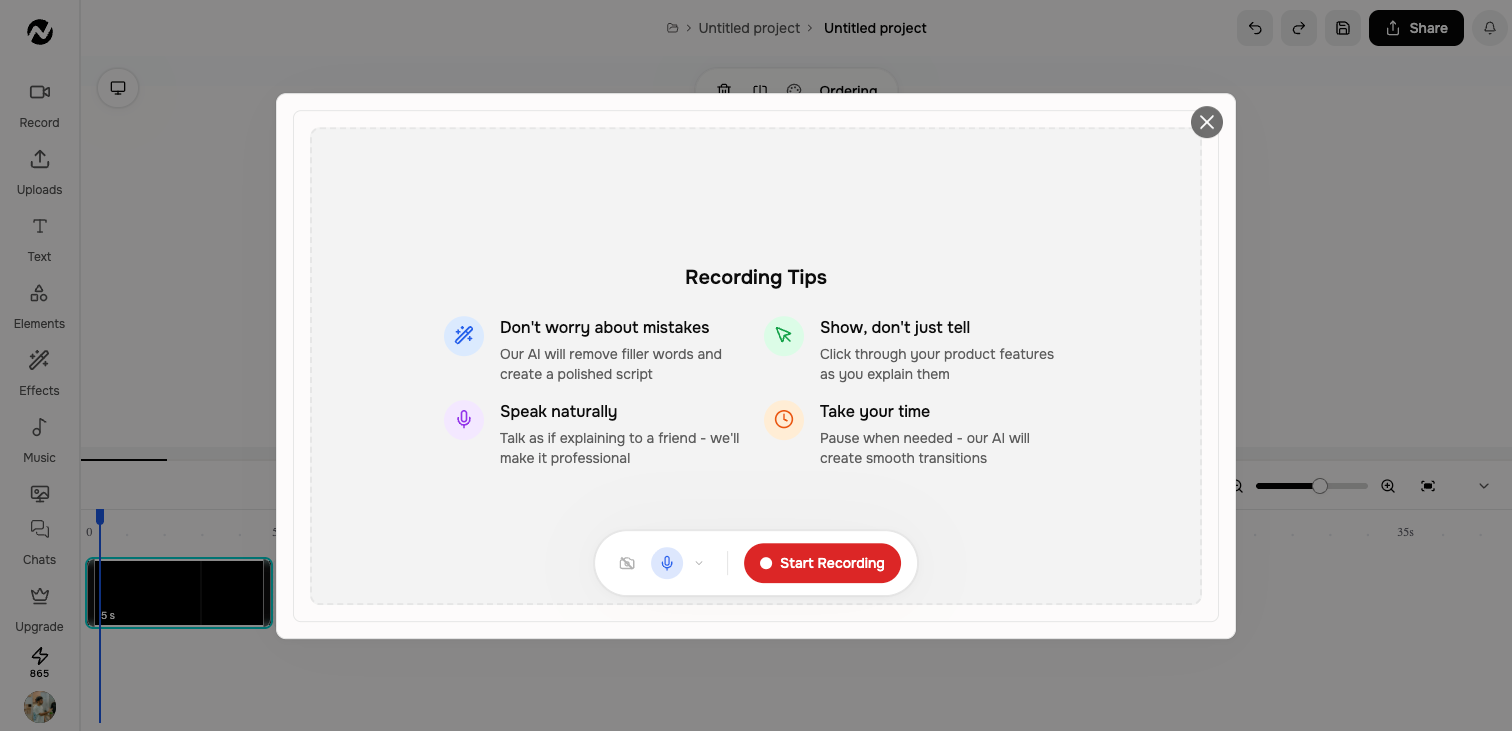The Screen Recorder dialog with recording tips and Start Recording
