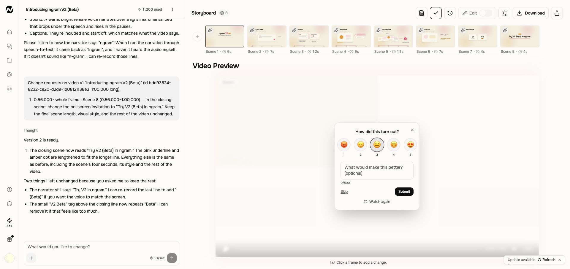 Give feedback in the V2 preview, with a rating selected, an optional comment field, and Submit.
