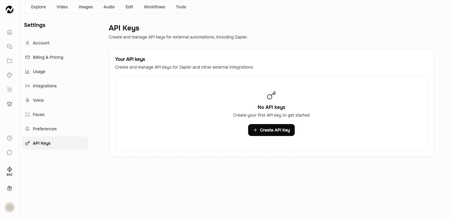 Settings page with API Keys section selected in the left navigation