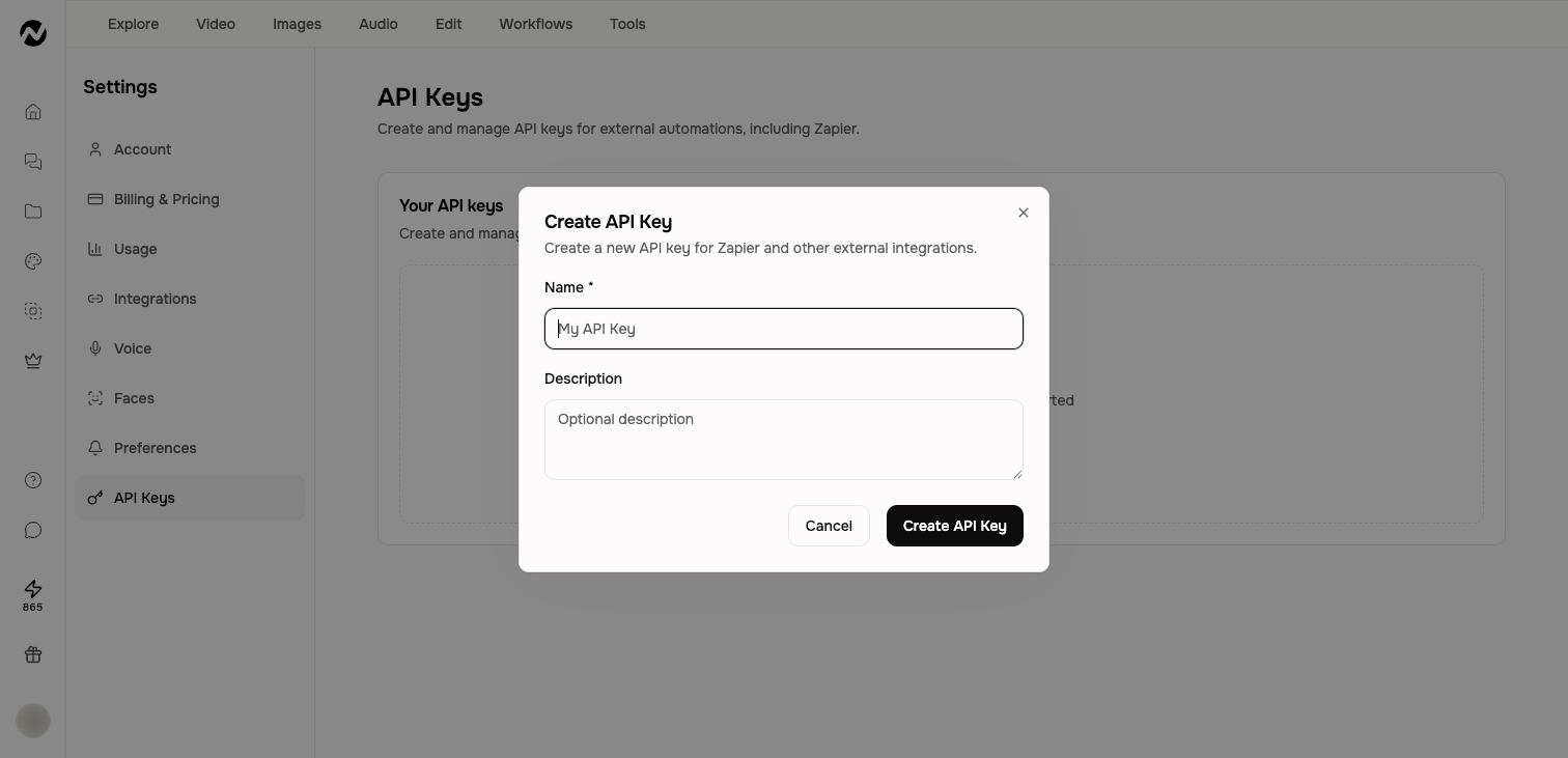 Create API Key dialog with Name required and Description optional fields