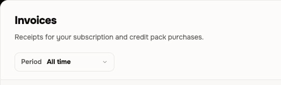 The Invoices dialog showing the subscription and credit-pack receipt description and period filter