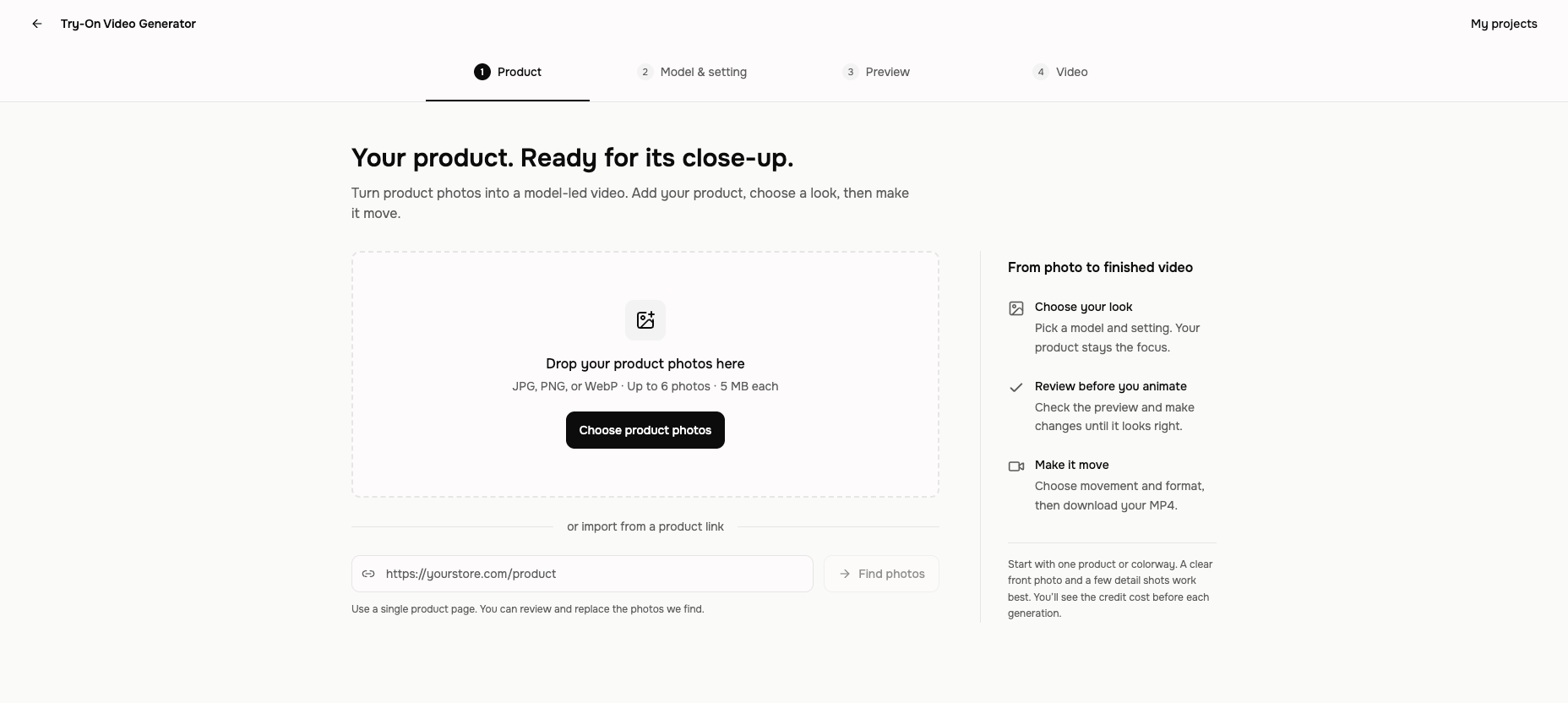 Try-On Video Generator product step with photo upload, product-page import, and the four-step progress indicator
