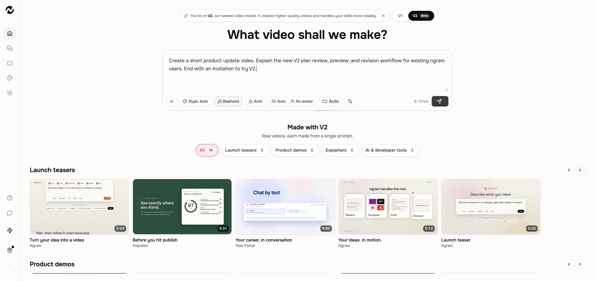 V2 selected above the video brief on Home, with the Made with V2 gallery below.