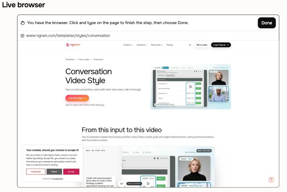 Live browser under user control, with instructions and the Done button above the product page.
